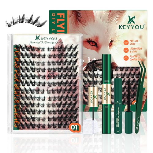 Lash Extension Kit KEYYOU Fox Family Lash Clusters Eyelash Extension Kit with Lash Bond and Seal,Tweezers,Remover for Fluffy DIY lash extension kit（HX01）