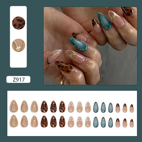 Almond Press On Nails Medium Fall Fake Nails With Design 3D Autumn Brown Blue Nude False Nails Glossy Full Cover Acrylic Glue On Nails Reusable Stick On Nails For Women Girls DIY French Manicure 30PCS