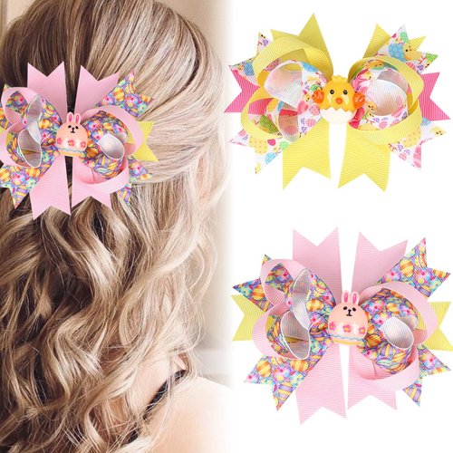 2 Packs Easter Bunny Hair Clips Hair Bow Clips with Cartoon Bunny and Chick Hair Bows Boutique Grosgrain Ribbon Hair Pins Lovely Easter Egg Rabbit Pattern Headwear Hair Accessories for Kids Girl