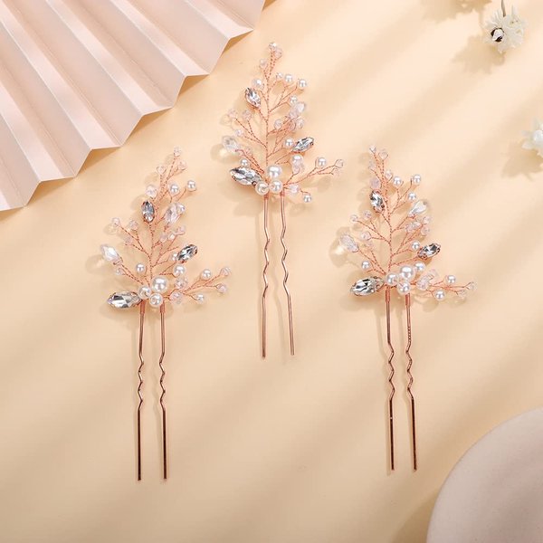 Teyglen Bride Wedding Crystal Hair Pins Vintage Pearl Hair Pins Set Bridal Rhinestone Hair Pieces Hair Accessories Jewelry Set for Women Bride Girls(Rose Gold)
