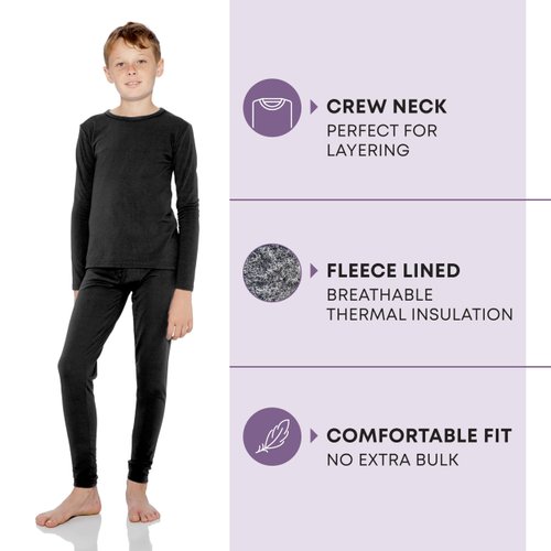 Rocky Thermal Underwear For Boys (Long Johns Thermal Set) Shirt & Pants, Base Layer w/Leggings/Bottoms Ski/Extreme Cold (Black - Small) 2 pack
