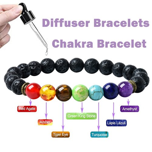 HEDQFM 2pcs Lava Rock 7 Chakra Bracelet Aromatherapy Essential Oil Diffuser Bracelets Couples Yoga Beads Bracelet Lava Stone Stretch Bracelet for Men Women (Chakra Bracelet B)