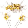 Bridal Hair Combs, Wedding Hair Comb Set Crystal Flower Hair Clips Bride Bridesmaid Hair Sides Comb Rhinestone Barrettes, Pearl Flower Hair Pins Hair Accessories for Women Girls (Yellow)