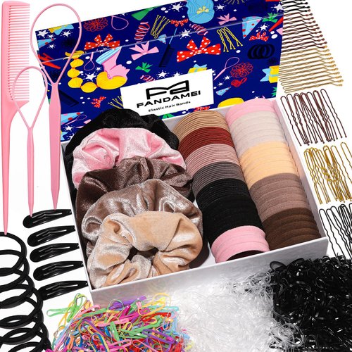 FANDAMEI Hair Ties Kit, Hair Ties for Women, Velvet Scrunchies for Hair, Hair Elastic Rubber Bands, Seamless Hair Ties, Hair Clips, Bobby Pins, U Shaped Hair Pins for Styling, Hair Accessories Kit
