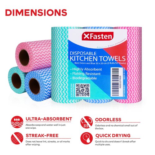 XFasten Disposable Kitchen Towels, 11.8 inches x 7.87 inches, Set of 3 (Red, Green, Blue 150 Total Sheets) Washable and Reusable Cleaning Cloths | Lint and Streak Free Reusable Paper Towels