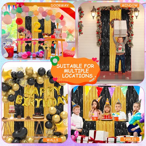 Black Gold 2 Pack Metallic Tinsel Foil Fringe Curtains, 3.3x8.3 Feet Black Gold Streamers for Party, Door Streamers Party Decorations, Party Streamers for Birthday Christmas Party Decorations