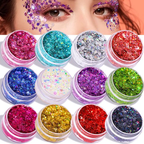 Teenitor Face Glitter Body Glitter Makeup Glitter Gel Hair Glitter, 12 Colors Body and Face Glitter Gel for Halloween Makeup, Star Glitter for Face, Body, Hair, 10g/Color