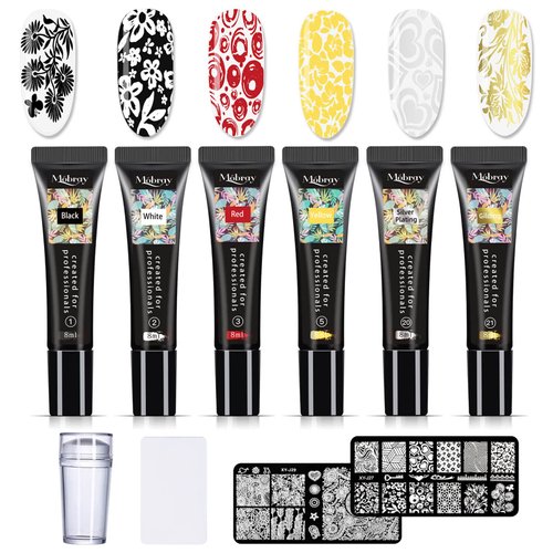 Mobray Nail Stamper Kit 8 ml, 6 Colors UV LED Nail Stamping Polish Gel with 1*Head Stamper 1*Scraper and 2*Leaves Flowers Animal Image Nail Stamping Templates Nail Stamping Kit for Manicure Tool