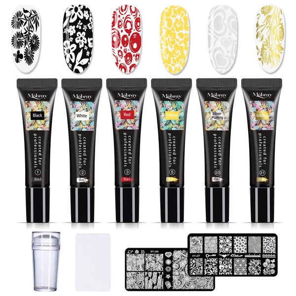 Mobray Nail Stamper Kit 8 ml, 6 Colors UV LED Nail Stamping Polish Gel with 1*Head Stamper 1*Scraper and 2*Leaves Flowers Animal Image Nail Stamping Templates Nail Stamping Kit for Manicure Tool