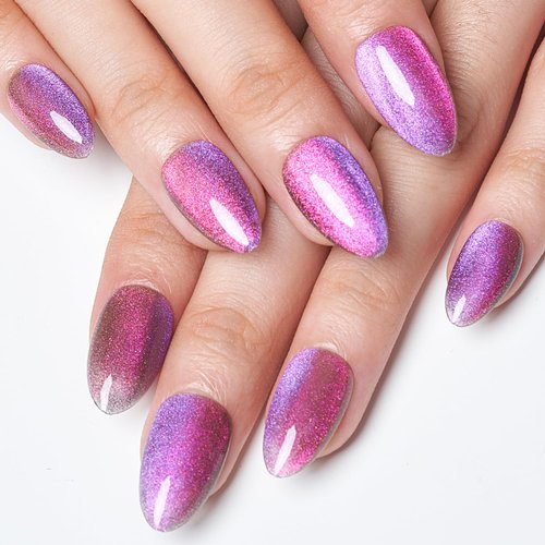 GLAMERMAID Hot Pink Purple Ombre Press on Nails Medium Almond, Handmade Chameleon Gel Magnet Cat Eye Fake Nail Kit, Glitter Magnetic Glue on Nail Short Oval, Stiletto Jelly Stick False Nail for Women