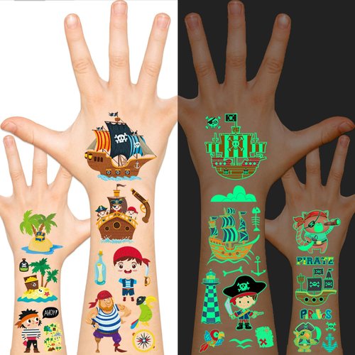 EMOME 20 Sheets Glow + Glitter Pirate Tattoos Stickers for Kids, Pirate Temporary Tattoos for Birthday Party Decorations Favors Supplies, Kids Tattoos for Pirate Goodie Bags Accessories Decor