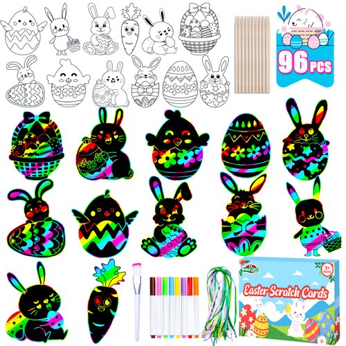 Max Fun Rainbow Color Scratch Easter Crafts Kit Easter Ornaments (96 Counts)-Magic Scratch Off Cards Paper Hanging Art Craft Supplies Educational Toys Kit for Kids Party Favors