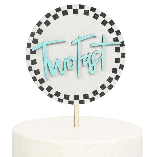 Two Fast Wooden Cake Topper For Boys - Racing Theme 2nd Birthday Cake Decorations - Checkered Flag 2nd Birthday Party Supplies - Wooden Cake Topper For Two-Year-Old Birthday - Race Car-Themed Party