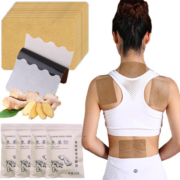 100pcs Ginger Patches Heating Foot Pad Hot Compress Paster Chinese Pure Nature Pain Relieve for Shoulder, Neck, Hand, Back, Feet, Knee, 12 * 8cm