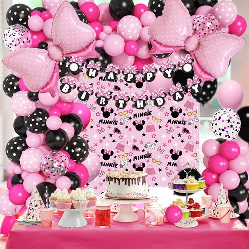 Cartoon Mouse Balloon Arch 125pcs Pink Mouse Birthday Decorations-Pink Black Balloon Garland, Birthday Banner, Mouse Theme Foil Fringe Curtains For Mouse Birthday Party Supplies