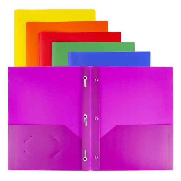 Dunwell Plastic Pocket Folders with Prongs - (6 Pack, Assorted Colors), 2 Pocket 3 Prong Folders, Durable Folders with Pockets Brads, Tear Resistant