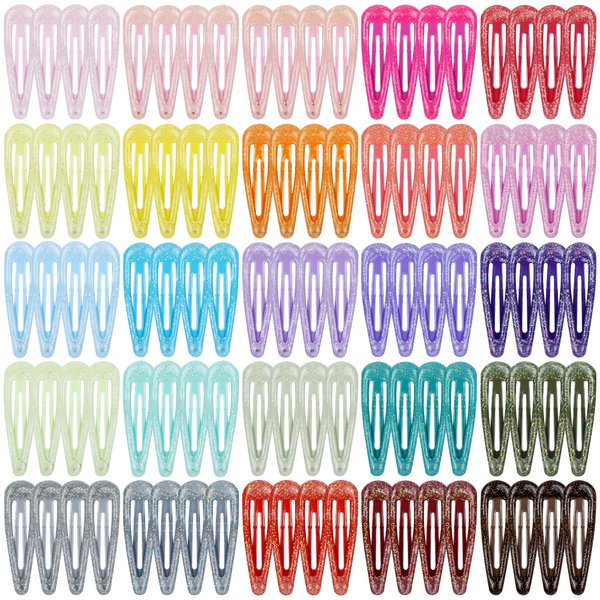 Cinaci 100pcs in 25 Candy Colors 5cm/2" Glitter Metal Snap Hair Clips Non-slip Hair Barrettes Bang Holders for Baby Girls Toddlers Kids Teens