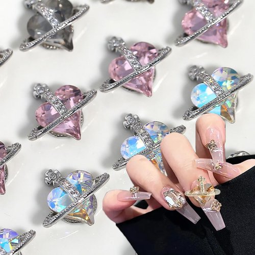 18Pcs Shiny Heart Nail Charms Planet Nail Art Rhinestone with Heart Design Crystal Nail Jewelry Silver Nail Art Charms for Acrylic Nails Heart Shape Nail Gems for Women DIY Manicure Accessories