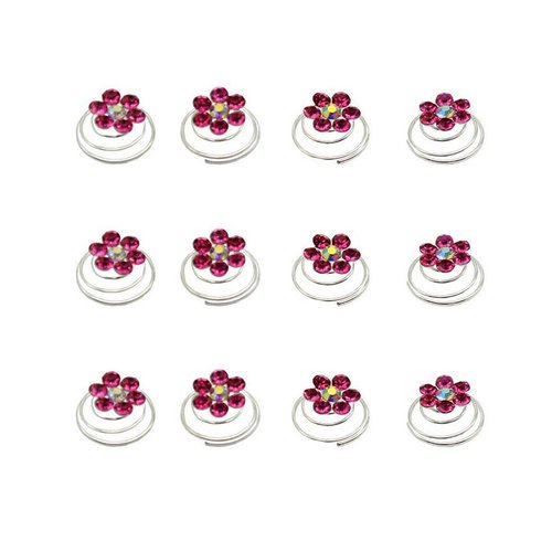 24PCS Rhinestone Flower Spiral Hair Pin Crystal Hair Twisters Coils Hair Clips Metal Spiral Twist Hairpins Hair Pins Wedding Bridal Hair Accessories (Rose Red)