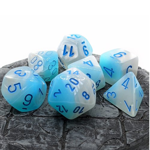 Gemini Polyhedral Dice Set | Set of 7 Dice in a Variety of Sizes Designed for Roleplaying Games | Premium Quality Dice for Tabletop RPGs | Luminary Turquoise, White and Blue Color | Made by Chessex
