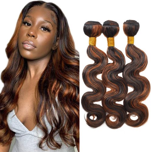 P1B/30 Highlight Body Wave Bundles Brown Human Hair Bundle Real Brazilian Virgin Brown Body Wave 3 Bundles Two Tone Black and Brown Bundle Double Weft Hair Extensions 20 22 24 Inch