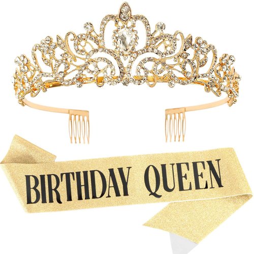 Birthday Tiara for Women KICOSY Gold Rhinestone Tiara and Birthday Queen Sash Gifts for Women Birthday Sash and Crown for Women Happy Birthday Decorations Favor Hair Accessories for Women
