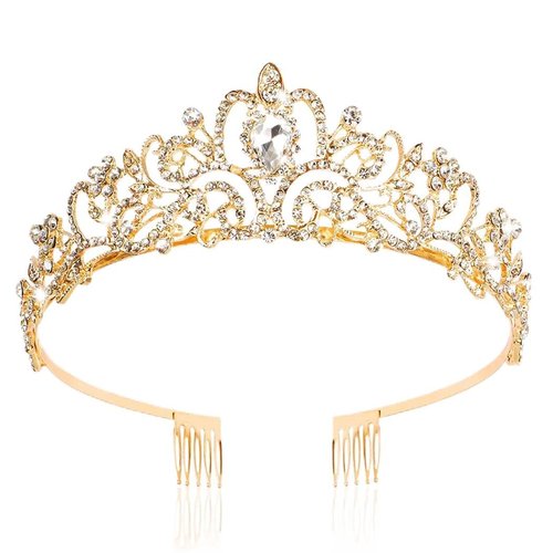 Araluky Crystal Tiara Crown Headband Princess Elegant Tiara with Combs for Women Young Ladies Bridal Wedding Prom Birthday Party, Gold