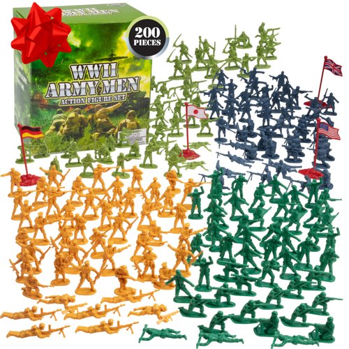 World War II Army Men Toy Action Figure Playset- 200pc Including Soldiers & Flags From the US, Great Britain, Germany & Japan Posed in Realistic Combat Positions- Great Xmas Gift for Kids & Collectors