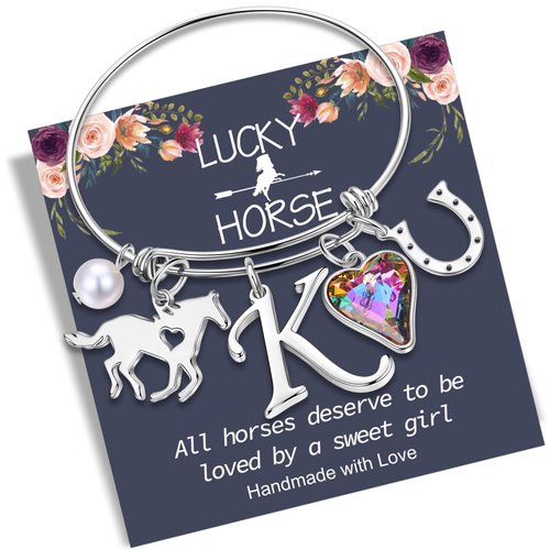 Anoup Girls Jewelry for Teen Girls, Gifts for 5 6 7 8 9 10 11 Year Old Girls Horse Gifts for Girls Silver Jewelry for Teen Girls K Initial Bracelet for Teen Girls Horseshoe Charm Bracelet for Girls