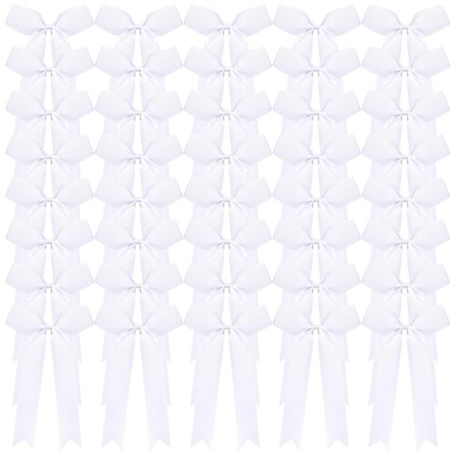 chiduerm 40Pcs Long Tail Skinny Cheer Bows Elastic Bands Handmade Grosgrain Ribbon Bows Collegiate Ponytail Holder for Girls Cheerleaders College Sports (white)