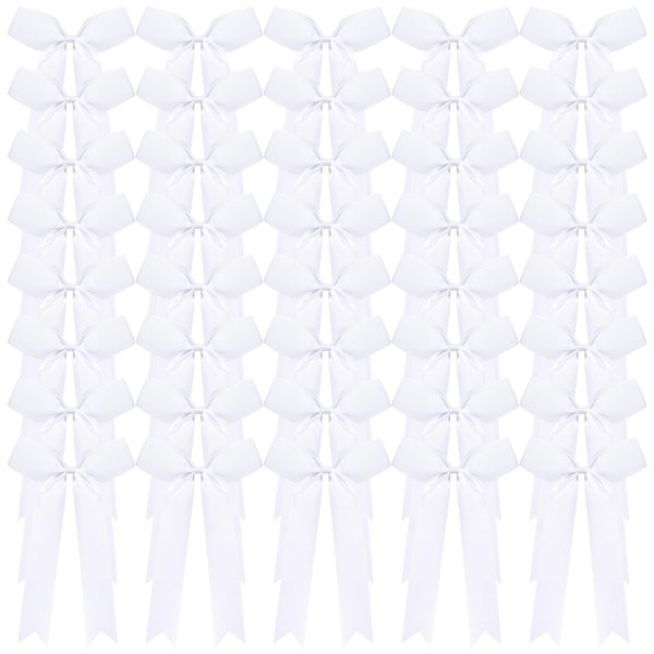 chiduerm 40Pcs Long Tail Skinny Cheer Bows Elastic Bands Handmade Grosgrain Ribbon Bows Collegiate Ponytail Holder for Girls Cheerleaders College Sports (white)