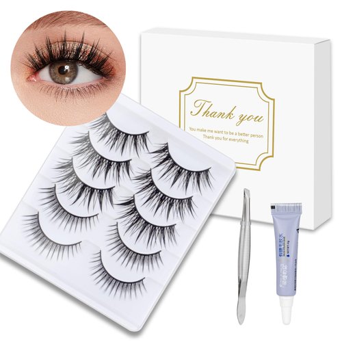 Natural Look Fake Eyelashes Thick Soft Curly Fake Lashes Cat Eye Lashes Mink Fluffy Strip False Lashes Fox Eye Lashes Contact Lens Friendly Easy to Apply 5 Pairs Pack