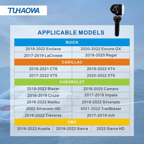 tuhaowa TPMS Tire Pressure Monitoring System Sensor 433MHz GM Preprogrammed 13598773 Replacement Compatible with Chevy Cadillac GMC Buick (4 Packs)