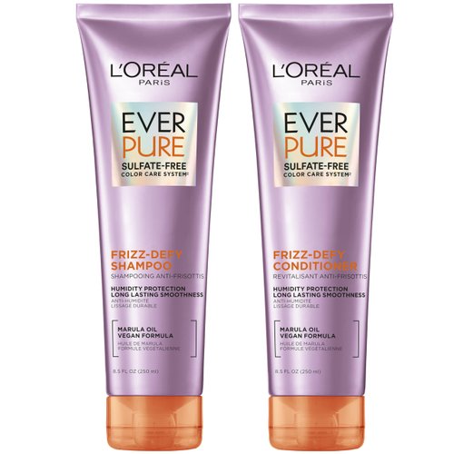 L'Oreal Paris Frizz Defy Shampoo and Conditioner Set, Frizz Control Hair Care with Marula Oil, EverPure, 8.5 Fl Oz, Set of 2