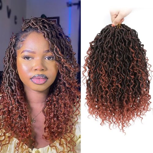 8 Packs River Faux Locs Crochet Hair 14inch Copper Red New Goddess Locs Crochet Hair Boho Faux Locs Wavy Crochet Curly Hair with Curly Ends Synthetic Hair Extensions (14" 8Packs T350#)
