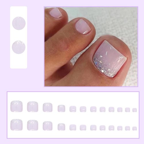 24Pcs Solid Color Fake Toenails Short Square Press on Toenails Summer Nail Tip Glue on Toenails for Women Light and Flash Powder Designs Acrylic Toenails Short Press on Toenails for Women Manicure