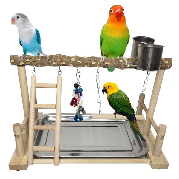 PINVNBY Bird Playground Parrot Playstand Birds Play Stand Wood Exercise Perch Gym Stand Playpen Ladder with Feeder Cups Hanging Swing Toys for Parakeet Conure Cockatiel Budgie Cage Accessories