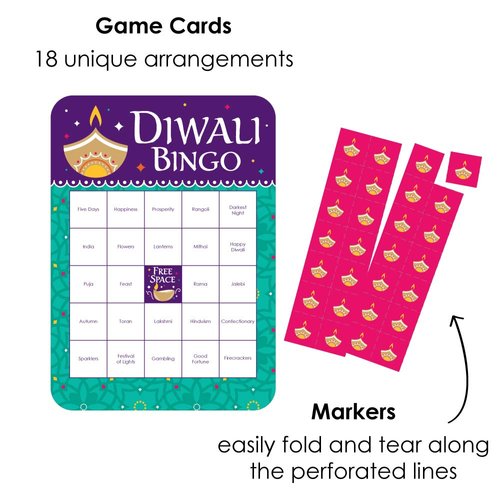 Big Dot of Happiness Happy Diwali - Bingo Cards and Markers - Festival of Lights Party Bingo Game - Set of 18