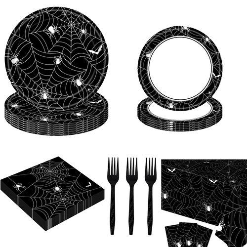 97 PCS halloween plates and napkins set, halloween party supplies Includes paper plates, napkins, tablecloth and forks Great for Halloween birthday parties or other celebrations