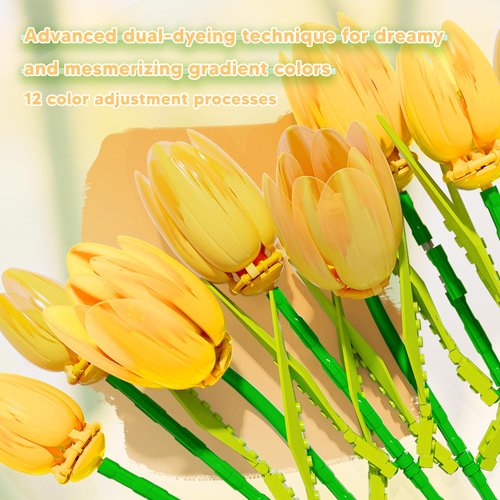 ZONECYTD Flower Bouquet Building Toy Set Tulips, Botanical Building Blocks for Adults Home Office Decor Orange Color