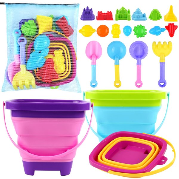 Oun Nana Beach Toys, 21 PCS Sand Toys for Kids, Sandbox Toys with Collapsible Beach Buckets and Shovels Set, Sand Castle Kit, Sand Molds, Mesh Bag, Travel Beach Sand Toys for Kids Toddlers Boys Girls