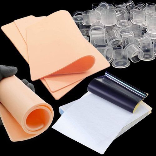 3mm Tattoo Skin Practice Kit - 5pcs Silicone Tattoo Fake Skins 10pcs Tattoo Transfer Papers and 300pcs Tattoo Ink Caps Cups Tattoo Supplies Tattoo Kit