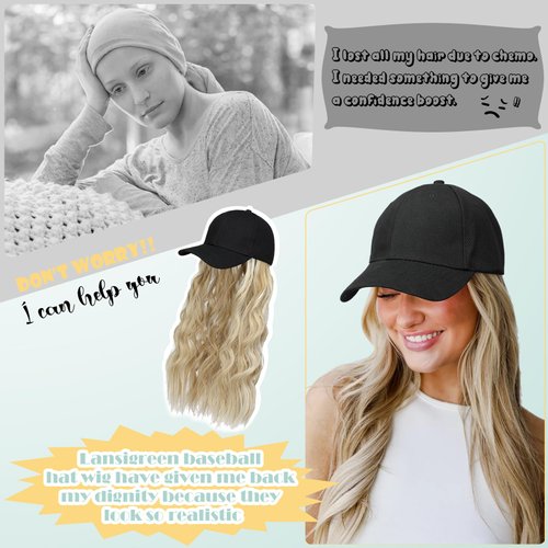 Lansigreen Hat Wig for Women Baseball Cap with Hair Extensions Adjustable Hat Attached 24" Long Wavy Hairpieces Synthetic Wig Dark Black