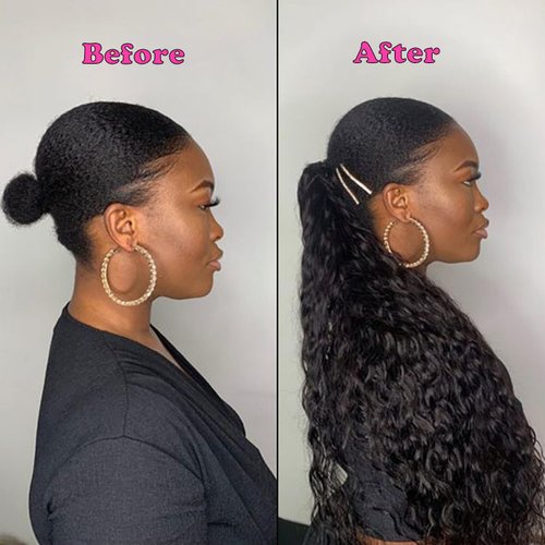 Seelaak Hair Water Wave Ponytail Extensions Human Hair Wrap Around Corn Wave Pony Magic Paste Brazilian Human Hair Extensions for Women Natural Black(12 inch)