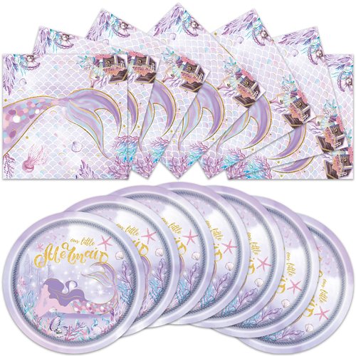 40pcs Mermaid Party Supplies，Mermaid Party Decoration Supplies，Used for Mermaid Party Decoration，Include 20 dinner plates, 20 Napkin (violet)