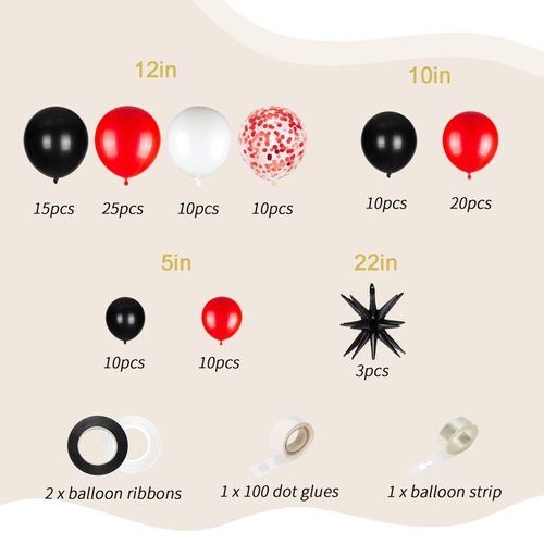 Red Black and White Balloon Garland Arch Kit, 120pcs Red and Black Birthday Decorations for Men Women Boys Girls with Happy Birthday Backdrop Banner Tablecloth Red Confetti Star Ballons