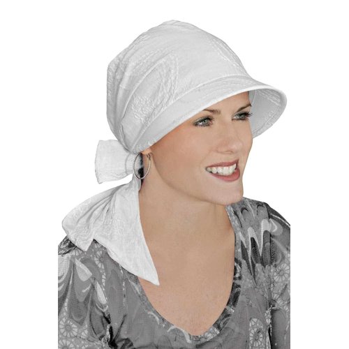 Krista Visor Scarf - Brimmed Head Wrap for Women - White Embroidered