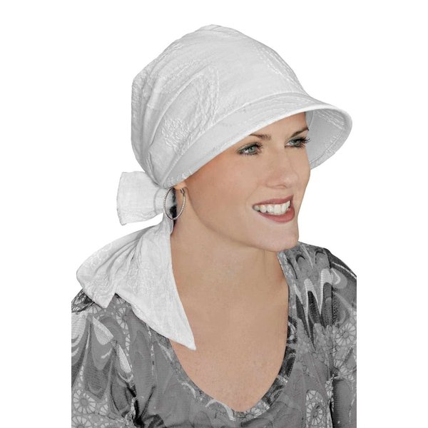 Krista Visor Scarf - Brimmed Head Wrap for Women - White Embroidered