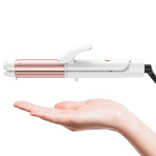 Mooqlizz Dual Voltage Curling Iron, Travel Flat Iron Hair Curler in One for European, 1 1/4 Inch Ceramic Plates with Adjustable Temperature, Travel Size Glove Included, White