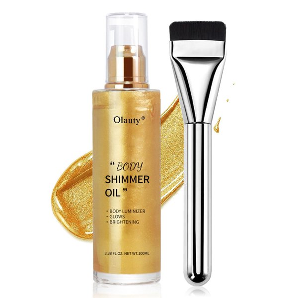 Shimmer Body Oil-Gold Face Brighten Glow Pearl Highlighter Liquid Illuminator Body Glow Oil,4 Color Bronze Makeup Glitter Body Shimmer Oil with Makeup Brush